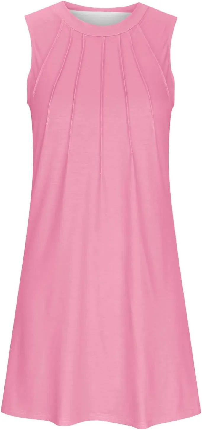 Trendy 2025 Spring Summer Dresses for Women Fashion Floral Printed Sleeveless Round Neck Pleat A-Line Beach Dress