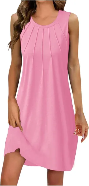 Trendy 2025 Spring Summer Dresses for Women Fashion Floral Printed Sleeveless Round Neck Pleat A-Line Beach Dress