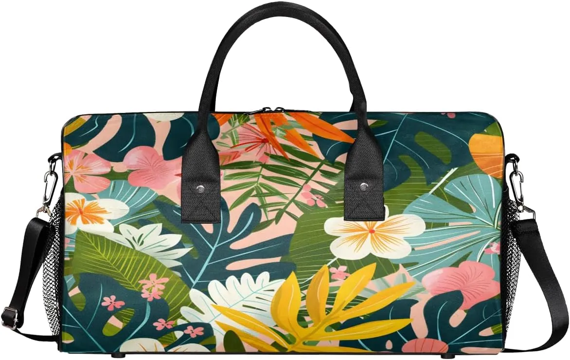 Tropical Jungle Flower Travel Duffle Bag for Women Men Foldable Waterproof Weekender Bag Carry on Tote for Overnight Sports Gym Tropical Botanical Palm Leaves