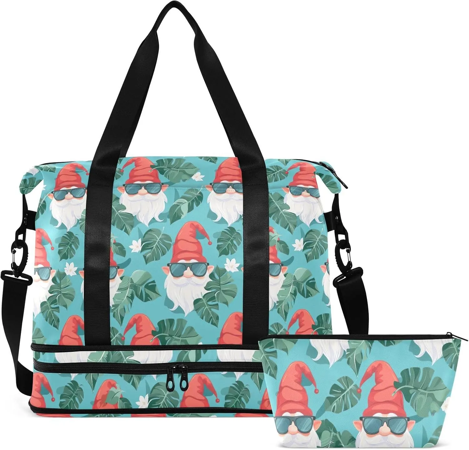 Tropical Leaves Gnome Dwarfs Gym Bag for Women & Men,Duffel Bag with Shoe Pocket,Weekender Overnight Bag with Trolley Sleeve for Girls Travel 21220412