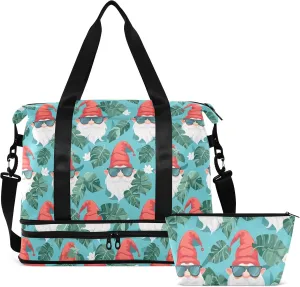 Tropical Leaves Gnome Dwarfs Gym Bag for Women & Men,Duffel Bag with Shoe Pocket,Weekender Overnight Bag with Trolley Sleeve for Girls Travel 21220412