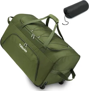 TUGUAN Gym bag for Men with Wheels, 110L Large Rolling Overnight Weekender Duffle Bag with Shoes Compartment, Packable Folding Duffle Bag for Travel Camping Storage, Workout Sports Duffel Bag, Green