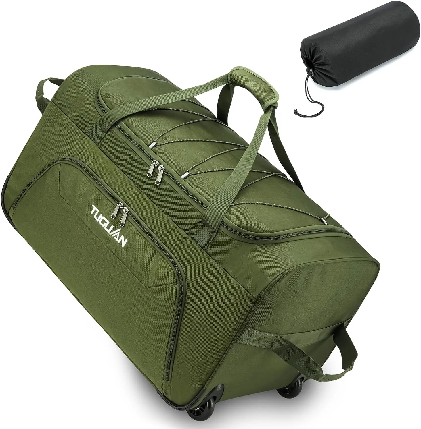 TUGUAN Gym bag for Men with Wheels, 110L Large Rolling Overnight Weekender Duffle Bag with Shoes Compartment, Packable Folding Duffle Bag for Travel Camping Storage, Workout Sports Duffel Bag, Green