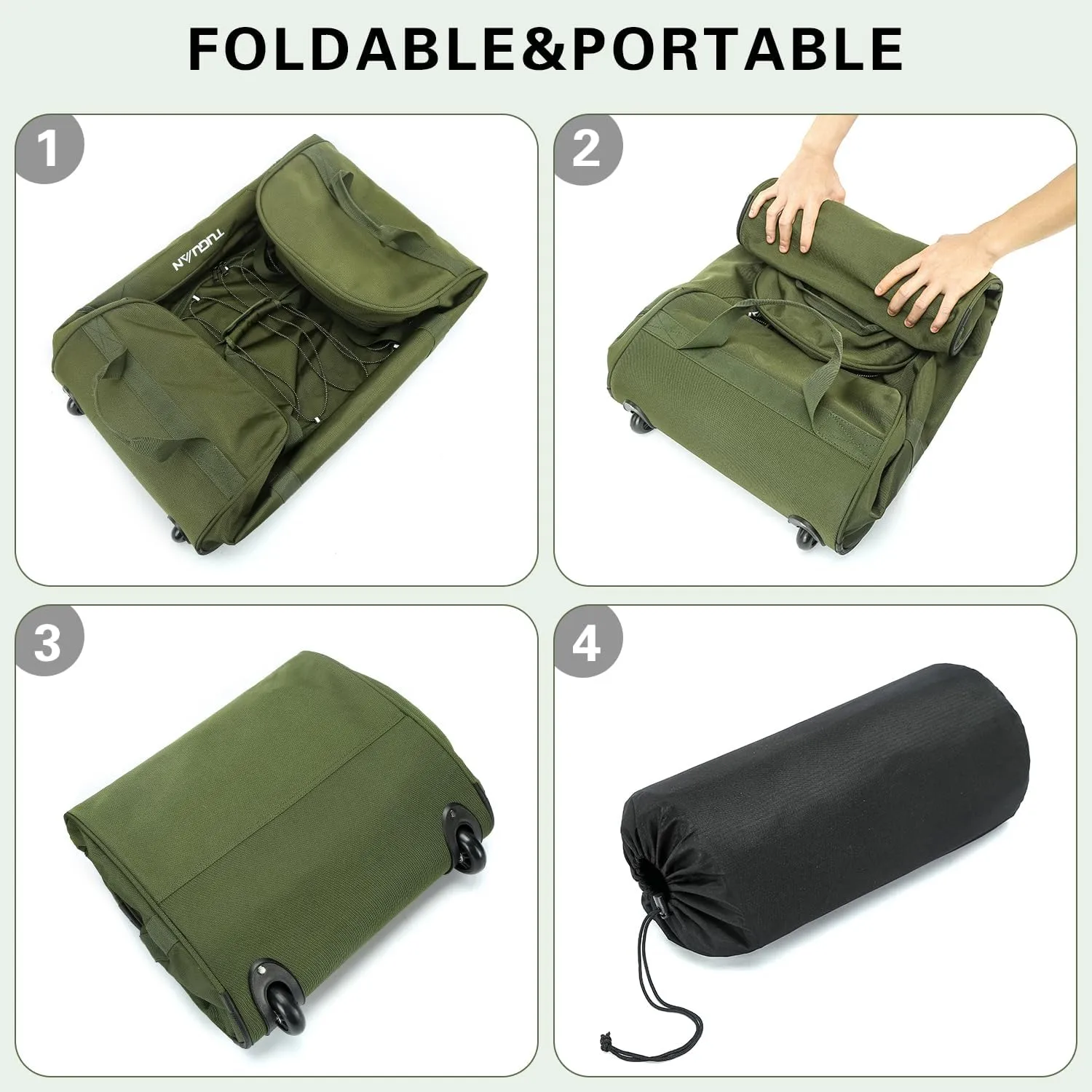TUGUAN Gym bag for Men with Wheels, 110L Large Rolling Overnight Weekender Duffle Bag with Shoes Compartment, Packable Folding Duffle Bag for Travel Camping Storage, Workout Sports Duffel Bag, Green