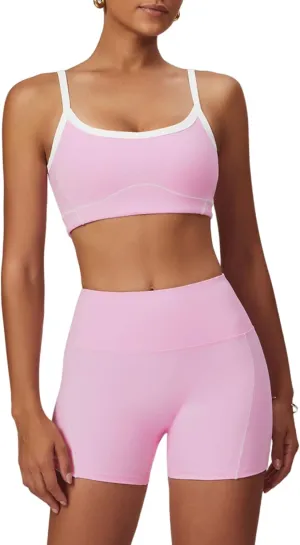 Two Piece Women Workout Sets Color Block Sports Bra and Scrunch Butt Lifting Shorts Gym Yoga Active Wear Outfits