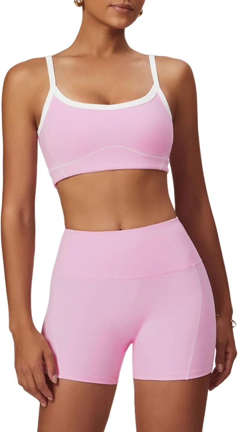 Two Piece Women Workout Sets Color Block Sports Bra and Scrunch Butt Lifting Shorts Gym Yoga Active Wear Outfits