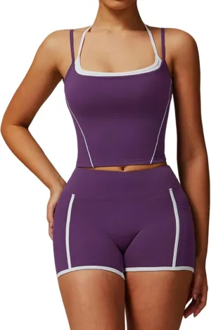 Two Piece Workout Sets For Women Tank Top and High Waist Booty Lifting Shorts Gym Yoga Active Outfits with Pockets