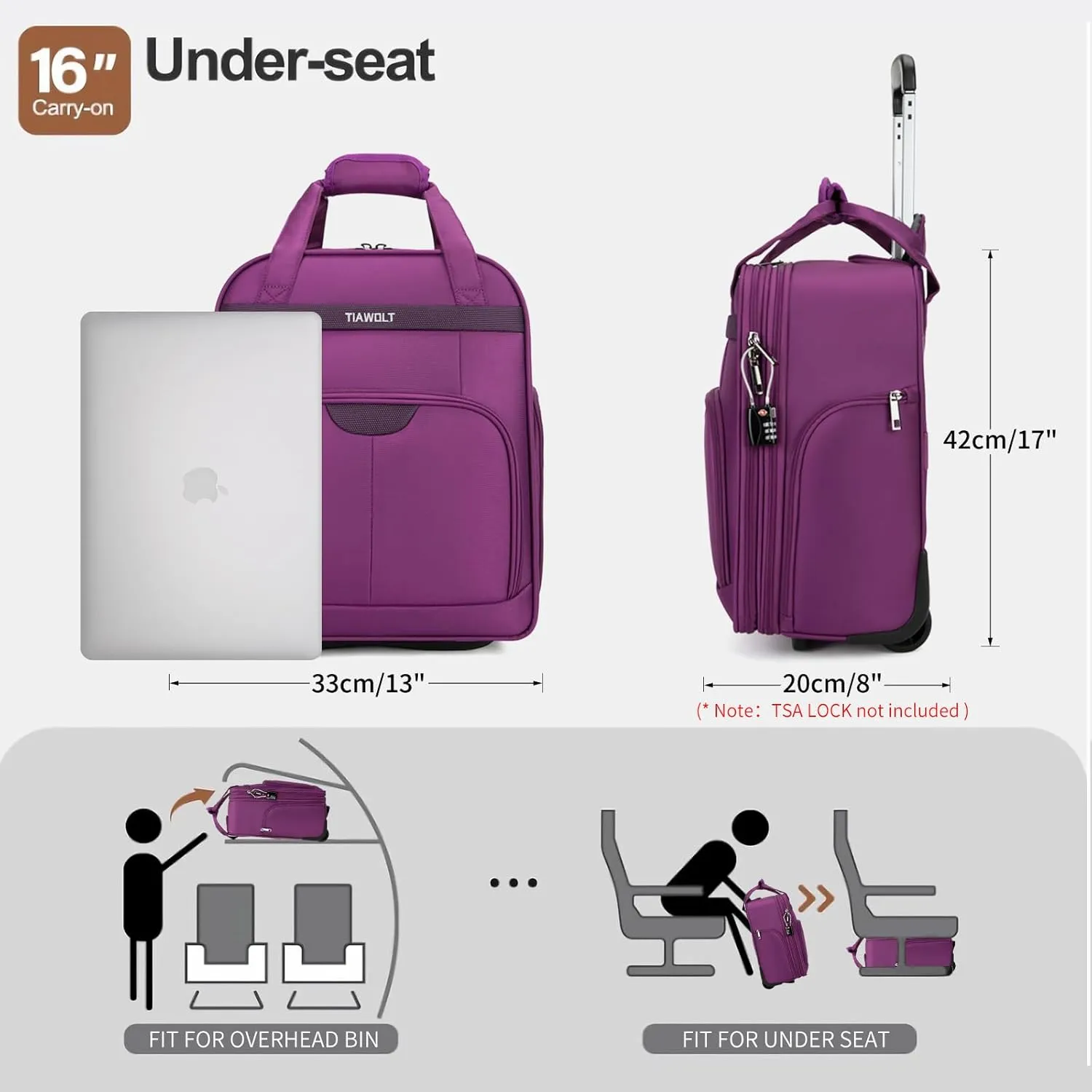 Underseat Carry on Luggage with Wheels,16-inch Airline Approved Personal Item Stylish Softside Underseater Suitcases with Wet/Dry Pockets,Overnight Rolling Carry-on Bag for Short Trip, Purple