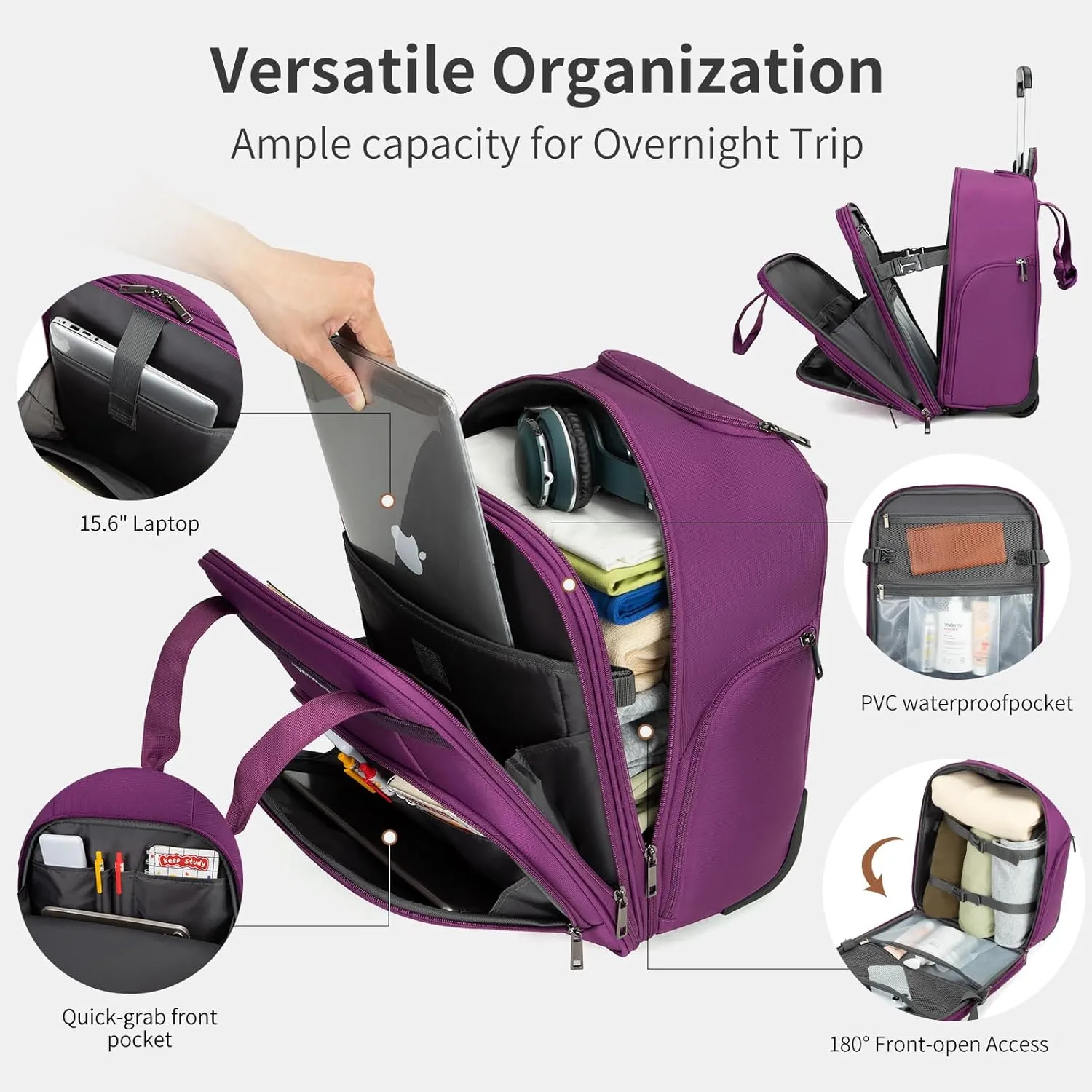 Underseat Carry on Luggage with Wheels,16-inch Airline Approved Personal Item Stylish Softside Underseater Suitcases with Wet/Dry Pockets,Overnight Rolling Carry-on Bag for Short Trip, Purple