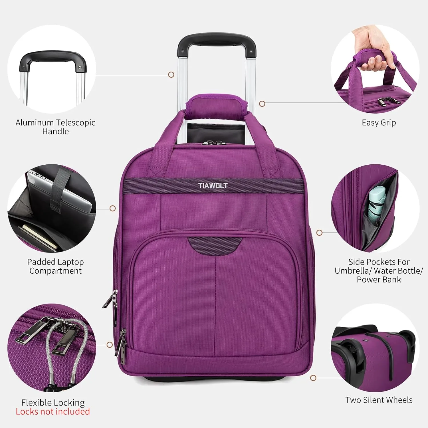 Underseat Carry on Luggage with Wheels,16-inch Airline Approved Personal Item Stylish Softside Underseater Suitcases with Wet/Dry Pockets,Overnight Rolling Carry-on Bag for Short Trip, Purple