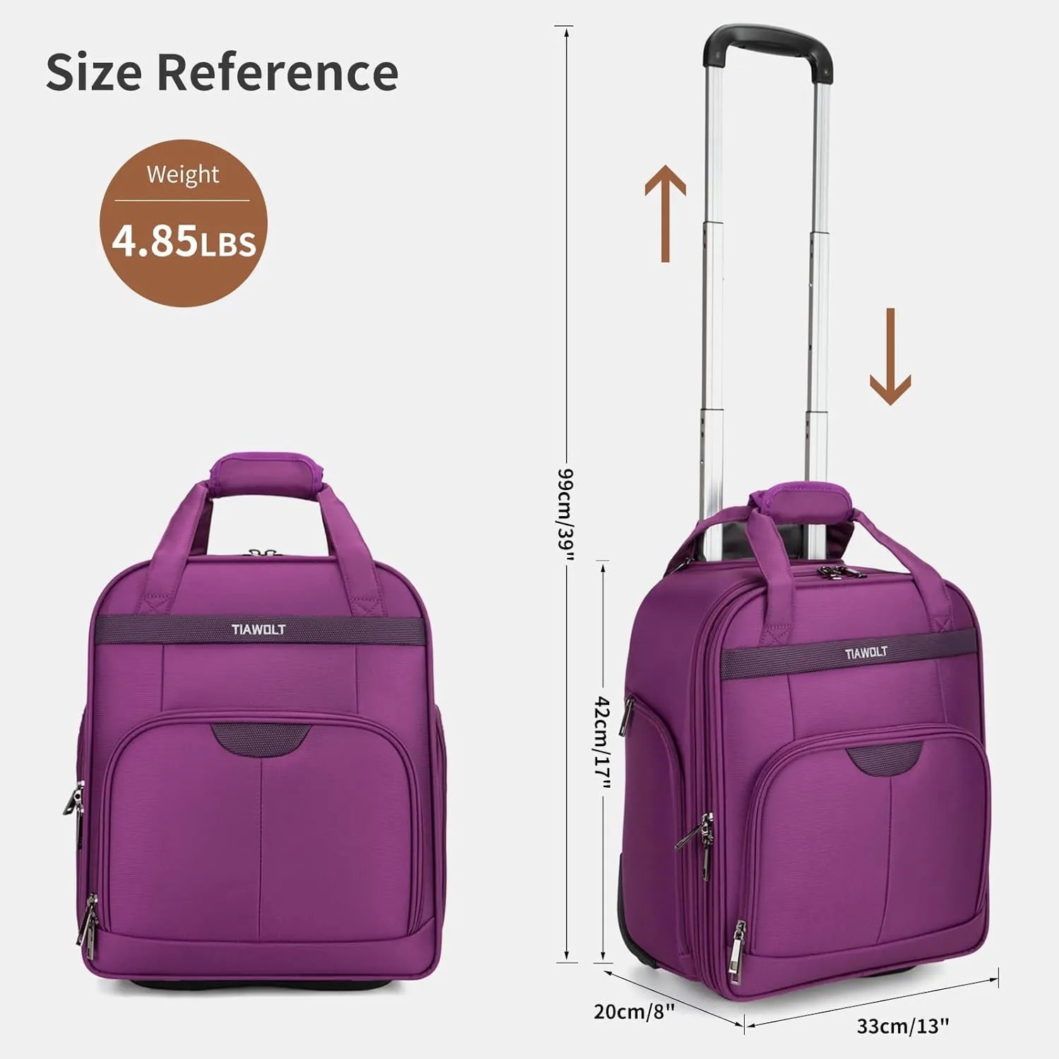Underseat Carry on Luggage with Wheels,16-inch Airline Approved Personal Item Stylish Softside Underseater Suitcases with Wet/Dry Pockets,Overnight Rolling Carry-on Bag for Short Trip, Purple