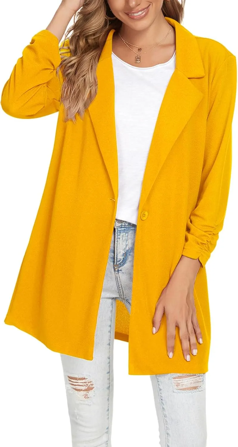 Unifizz Women Long Blazers for Business Casual 3/4 Sleeve Button Front Notch Lapel Lightweight Work Office Blazer Jackets