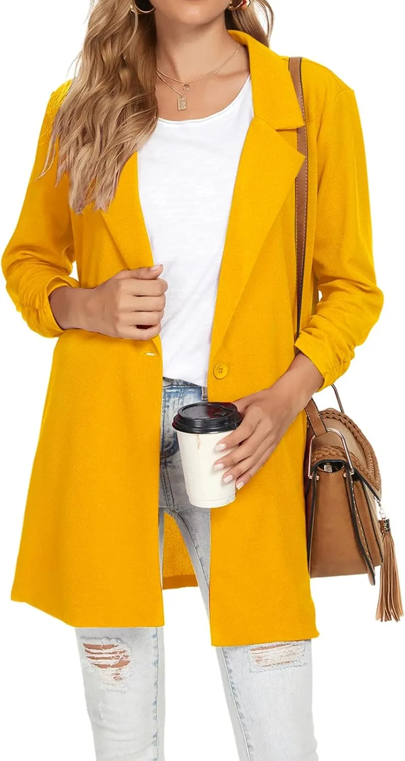 Unifizz Women Long Blazers for Business Casual 3/4 Sleeve Button Front Notch Lapel Lightweight Work Office Blazer Jackets