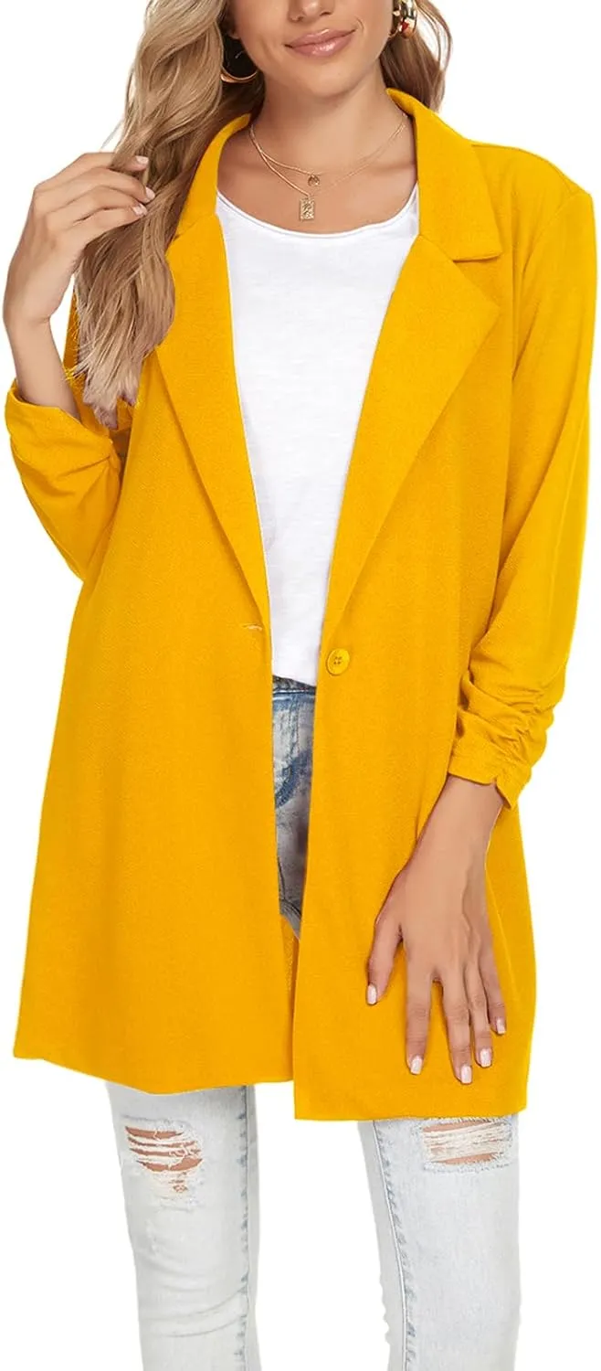 Unifizz Women Long Blazers for Business Casual 3/4 Sleeve Button Front Notch Lapel Lightweight Work Office Blazer Jackets