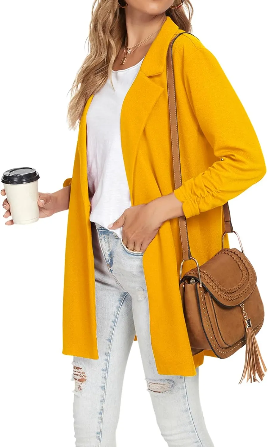 Unifizz Women Long Blazers for Business Casual 3/4 Sleeve Button Front Notch Lapel Lightweight Work Office Blazer Jackets