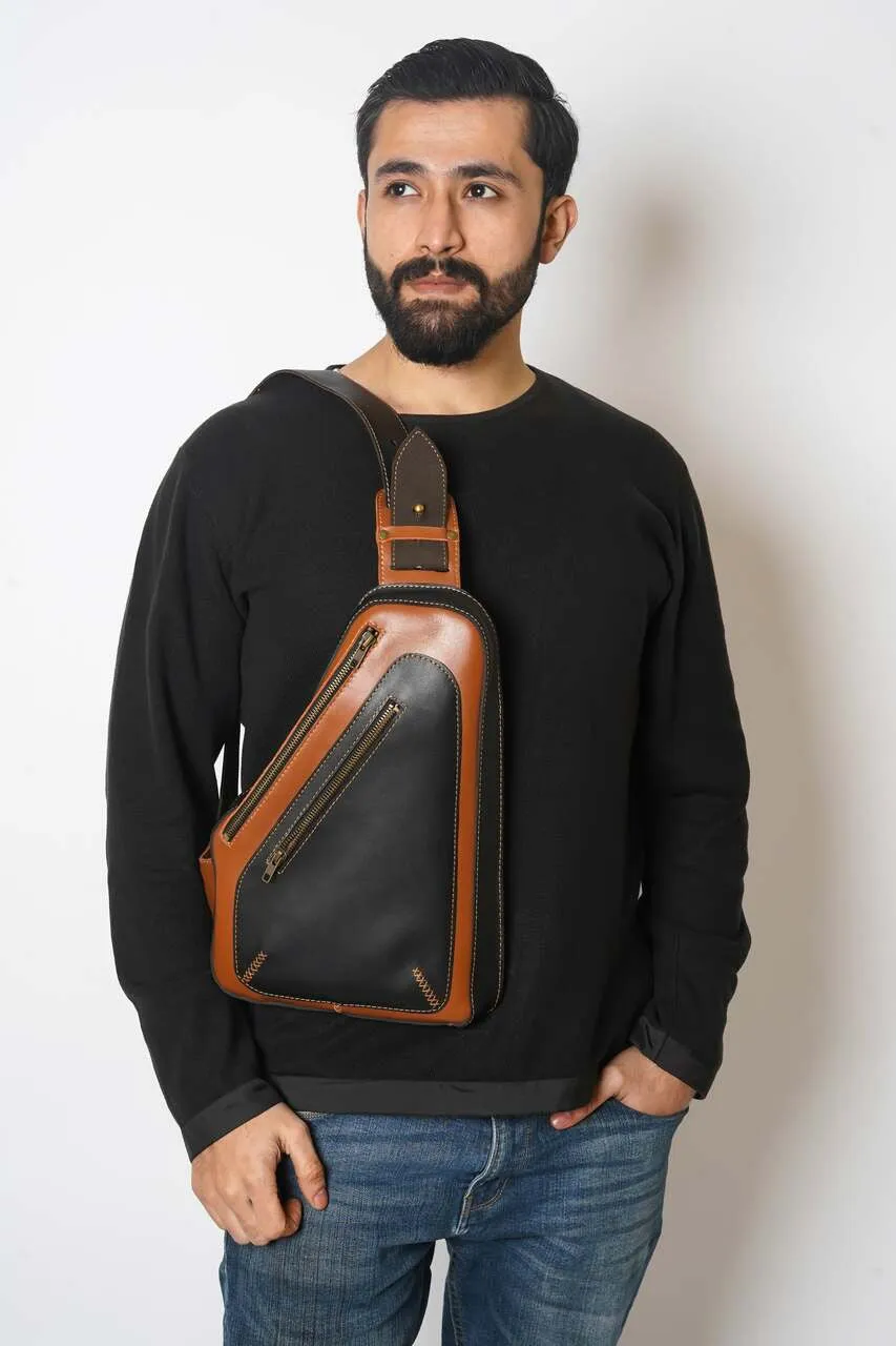 Unisex Leather Sling Bag With Zipped Pockets