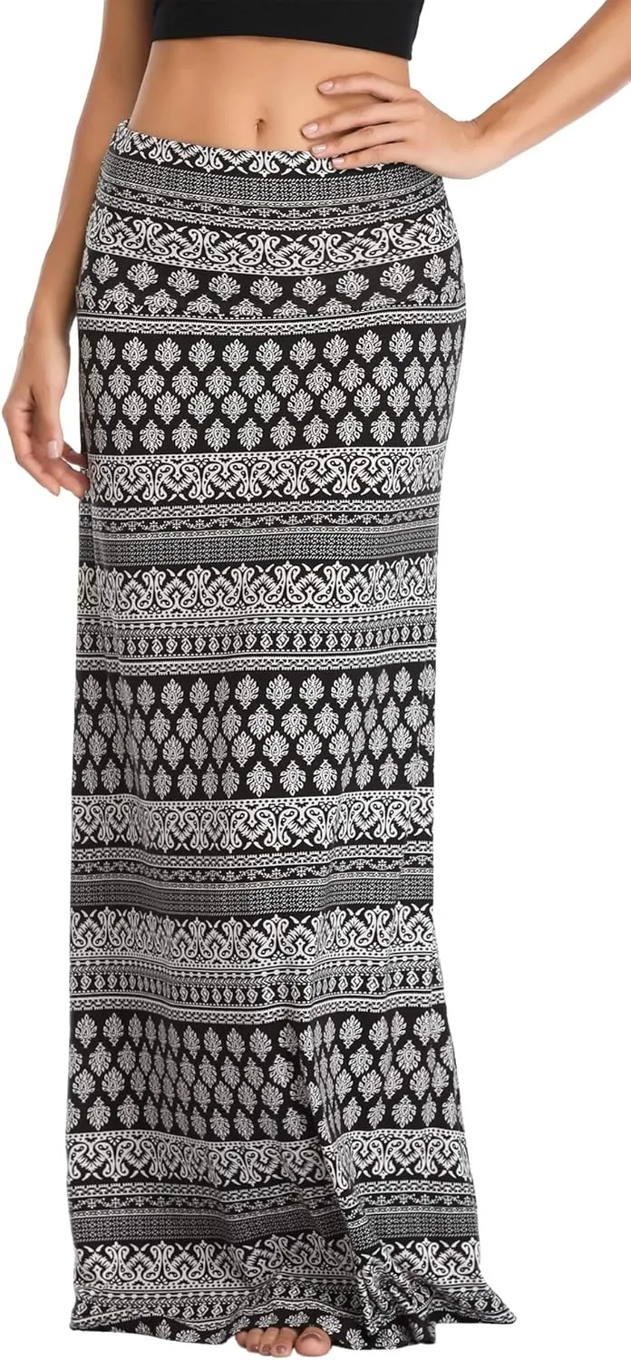Urban CoCo Women's Stylish Spandex Comfy Fold-Over Flare Long Maxi Skirt