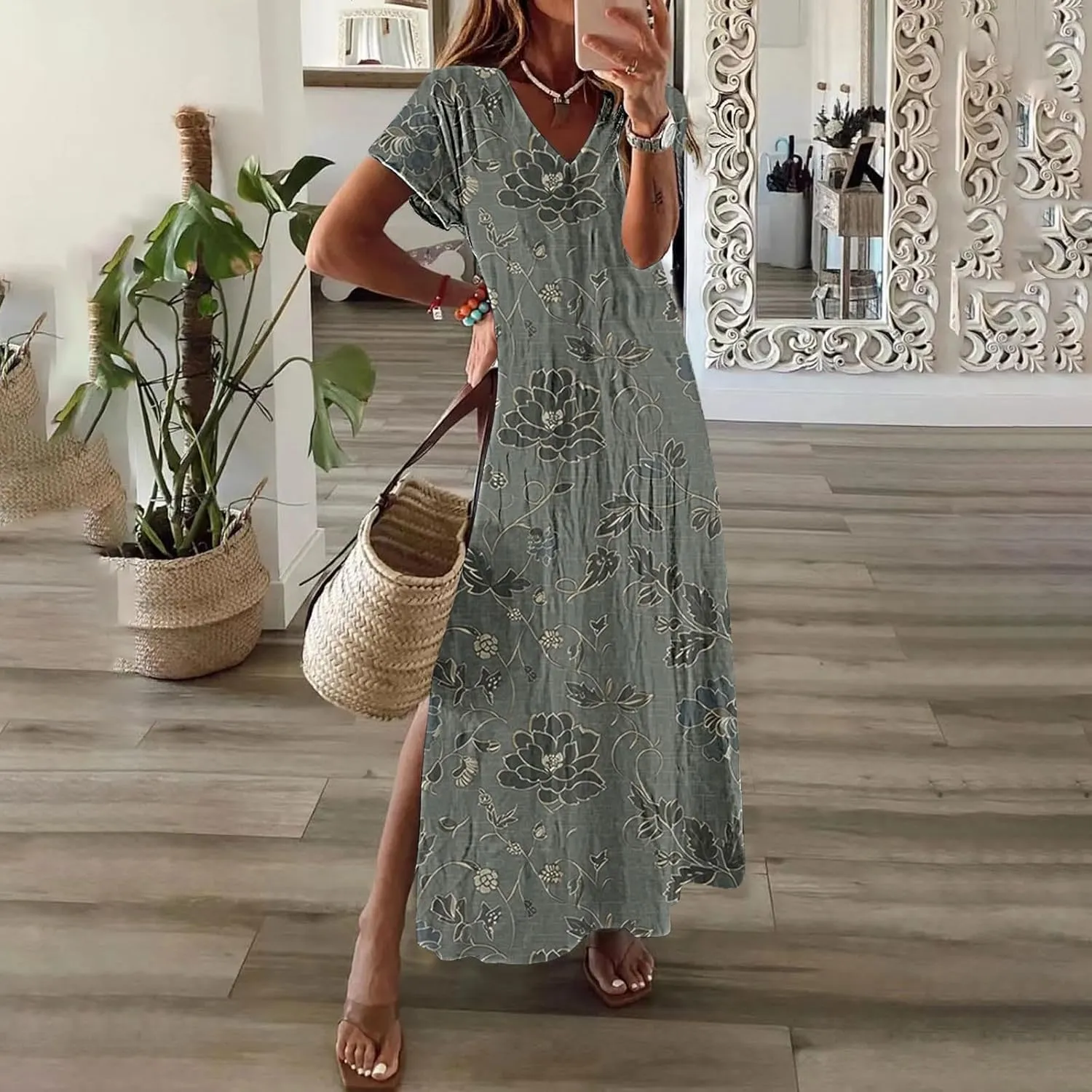 Vacation Dresses for Women 2025 Vintage Printed Fashion Dresses Summer Spring Short Sleeve V-Neck Slit Long Dress