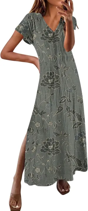 Vacation Dresses for Women 2025 Vintage Printed Fashion Dresses Summer Spring Short Sleeve V-Neck Slit Long Dress