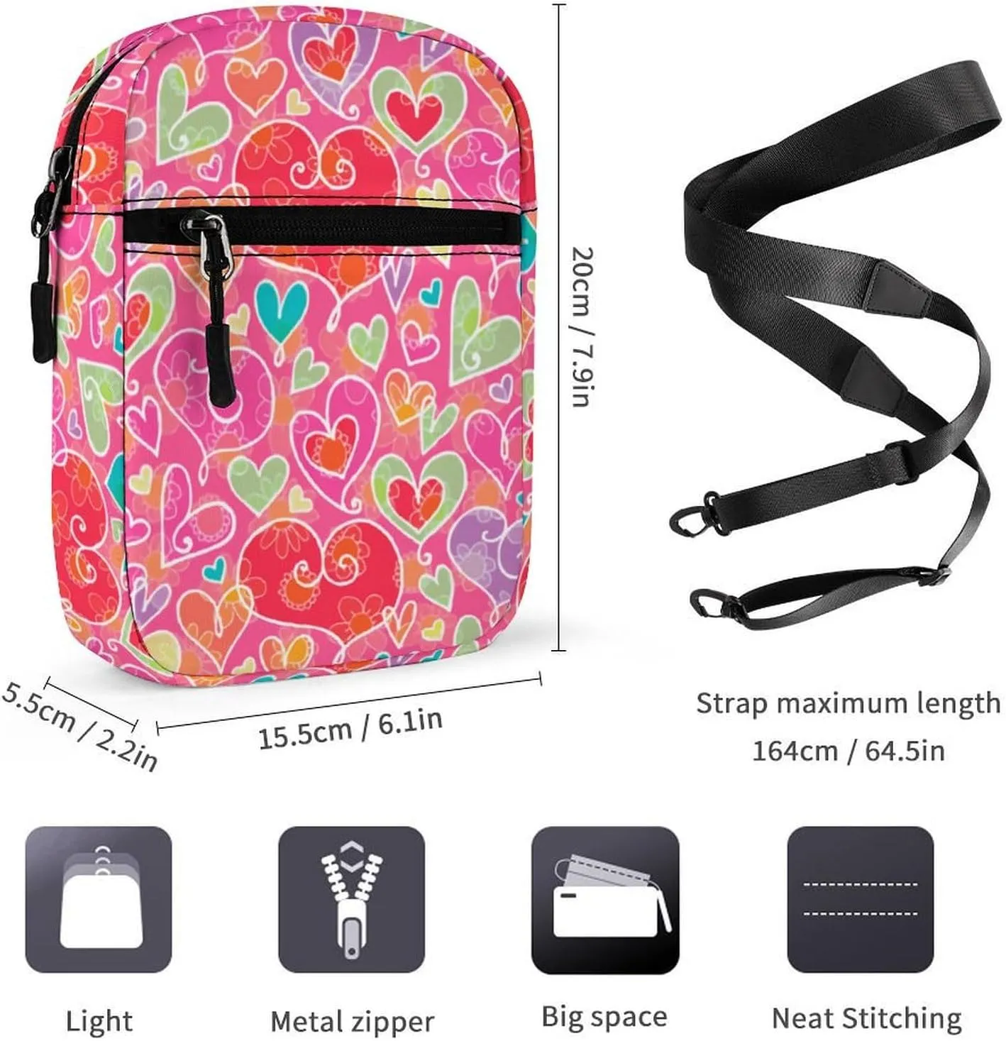 Valentine Hearts And Flowers Crossbody Bag Small Shoulder Bag Waterproof, Lightweight And Convenient