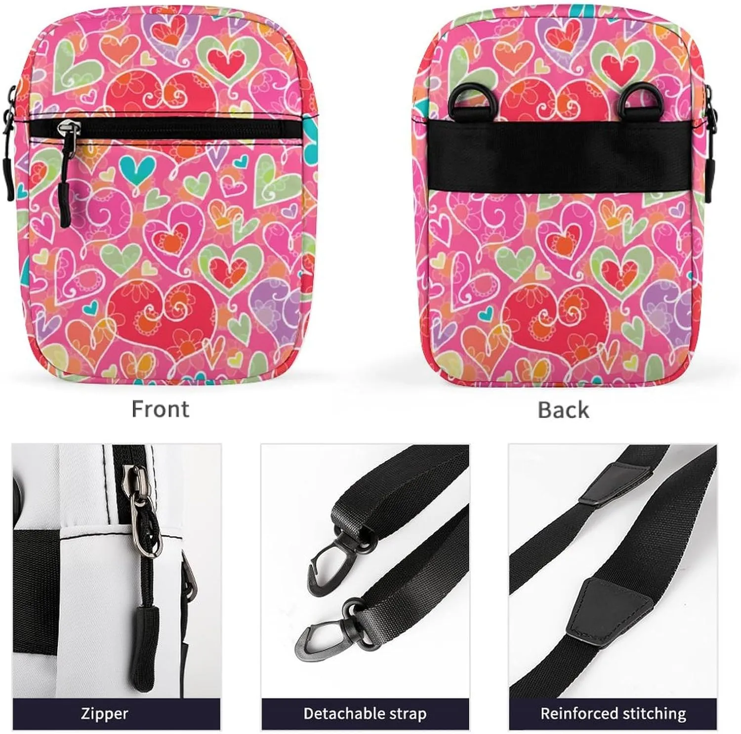 Valentine Hearts And Flowers Crossbody Bag Small Shoulder Bag Waterproof, Lightweight And Convenient