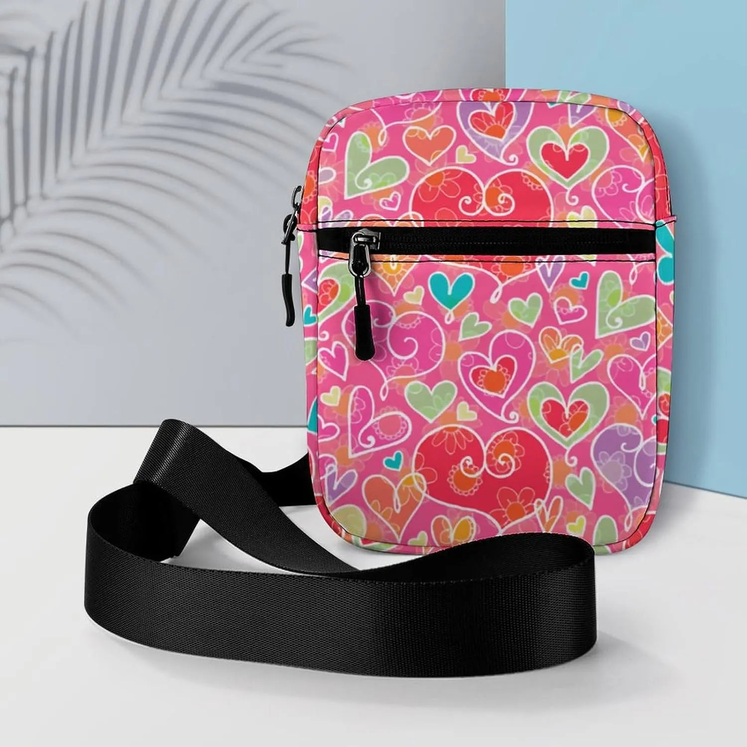 Valentine Hearts And Flowers Crossbody Bag Small Shoulder Bag Waterproof, Lightweight And Convenient