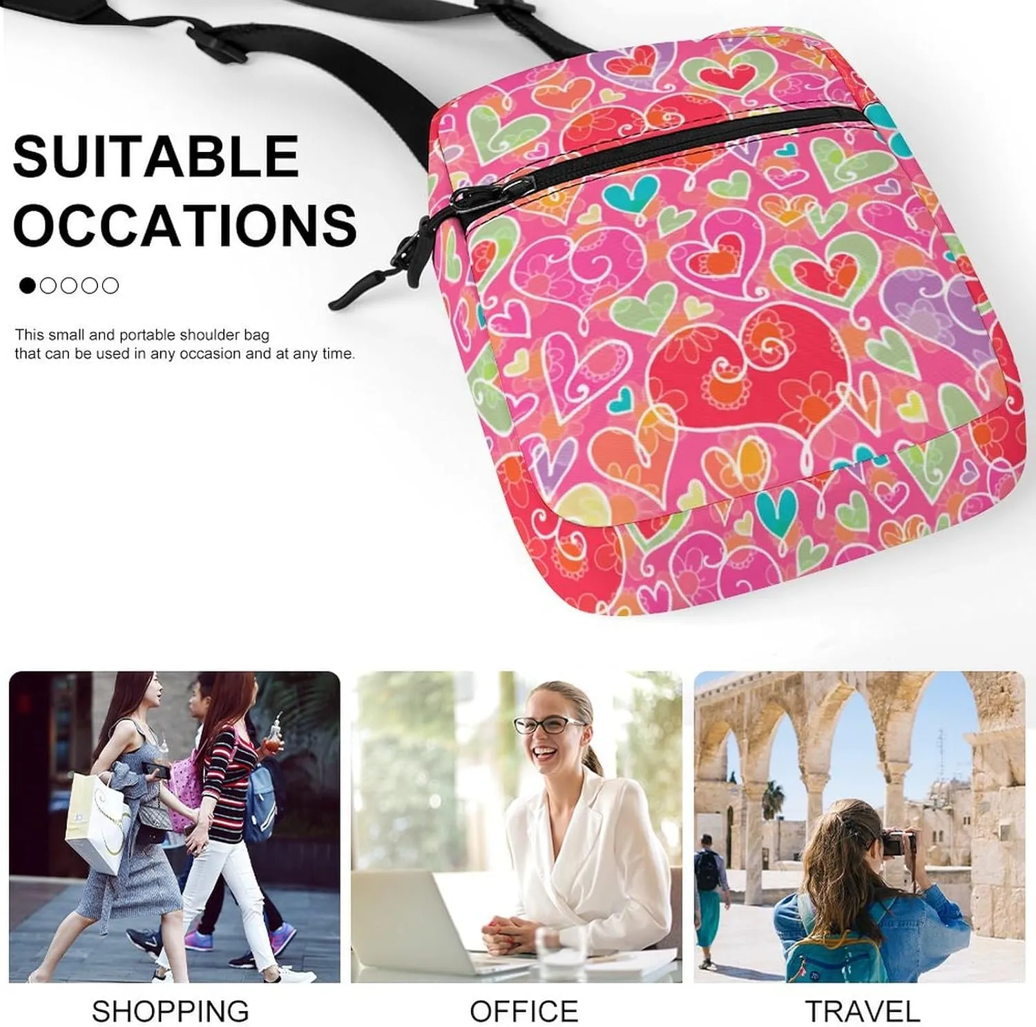 Valentine Hearts And Flowers Crossbody Bag Small Shoulder Bag Waterproof, Lightweight And Convenient