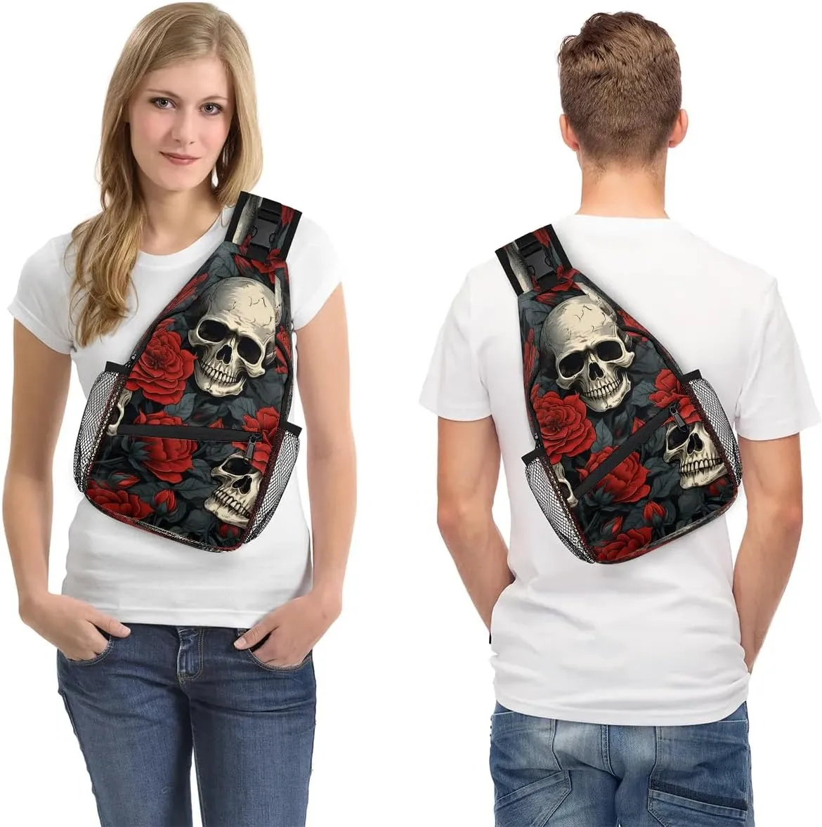 Valentine's Day Roses Skeleton Sling Backpack for Women Men Waterproof Antitheft Chest Bag Lightweight Travel Crossbody Shoulder Bag for Shopping Outdoor Leisure Sports Mountaineering Riding
