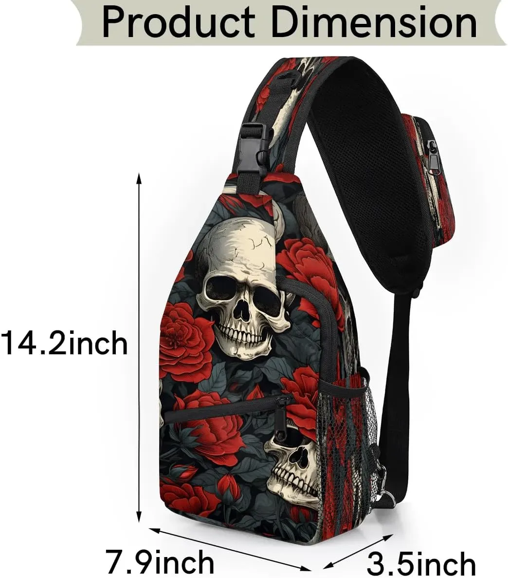Valentine's Day Roses Skeleton Sling Backpack for Women Men Waterproof Antitheft Chest Bag Lightweight Travel Crossbody Shoulder Bag for Shopping Outdoor Leisure Sports Mountaineering Riding