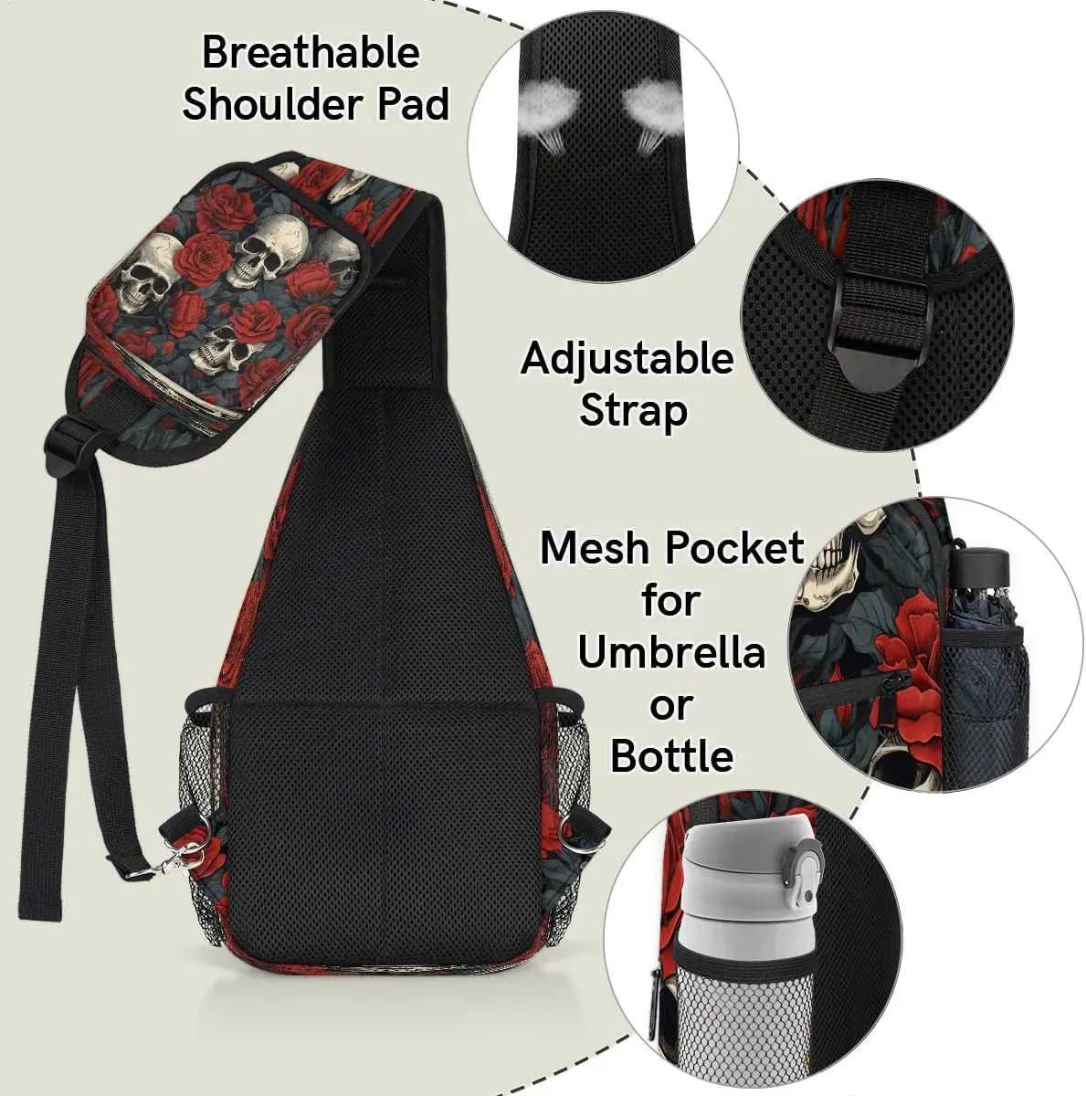 Valentine's Day Roses Skeleton Sling Backpack for Women Men Waterproof Antitheft Chest Bag Lightweight Travel Crossbody Shoulder Bag for Shopping Outdoor Leisure Sports Mountaineering Riding
