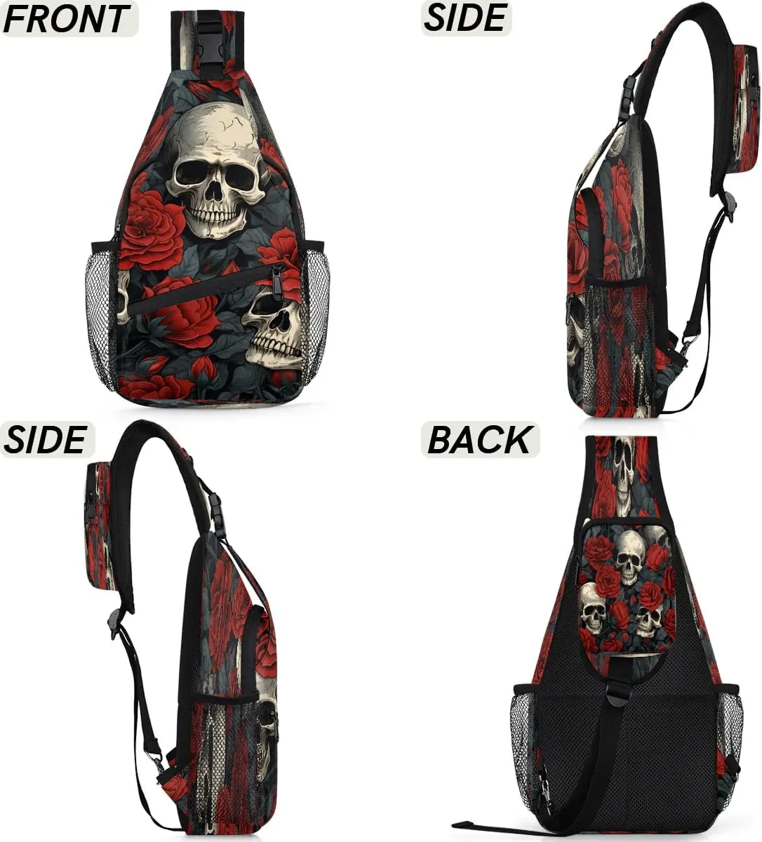 Valentine's Day Roses Skeleton Sling Backpack for Women Men Waterproof Antitheft Chest Bag Lightweight Travel Crossbody Shoulder Bag for Shopping Outdoor Leisure Sports Mountaineering Riding