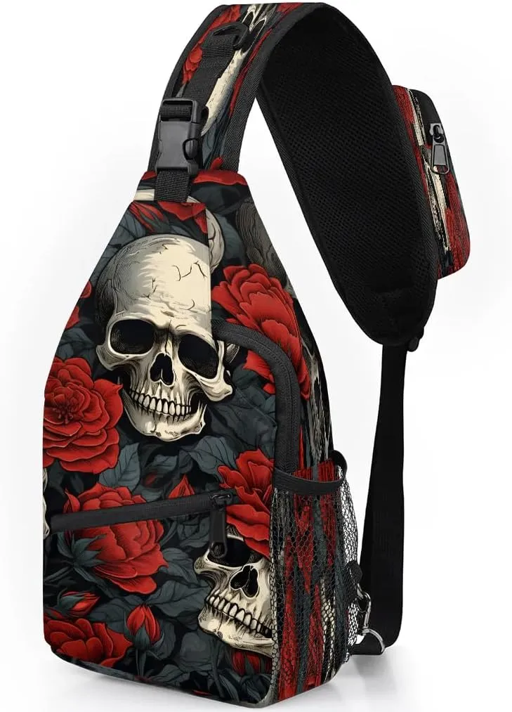 Valentine's Day Roses Skeleton Sling Backpack for Women Men Waterproof Antitheft Chest Bag Lightweight Travel Crossbody Shoulder Bag for Shopping Outdoor Leisure Sports Mountaineering Riding