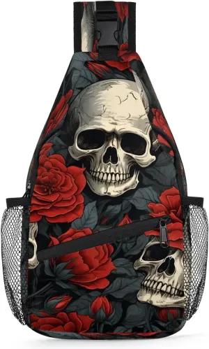 Valentine's Day Roses Skeleton Sling Backpack for Women Men Waterproof Antitheft Chest Bag Lightweight Travel Crossbody Shoulder Bag for Shopping Outdoor Leisure Sports Mountaineering Riding