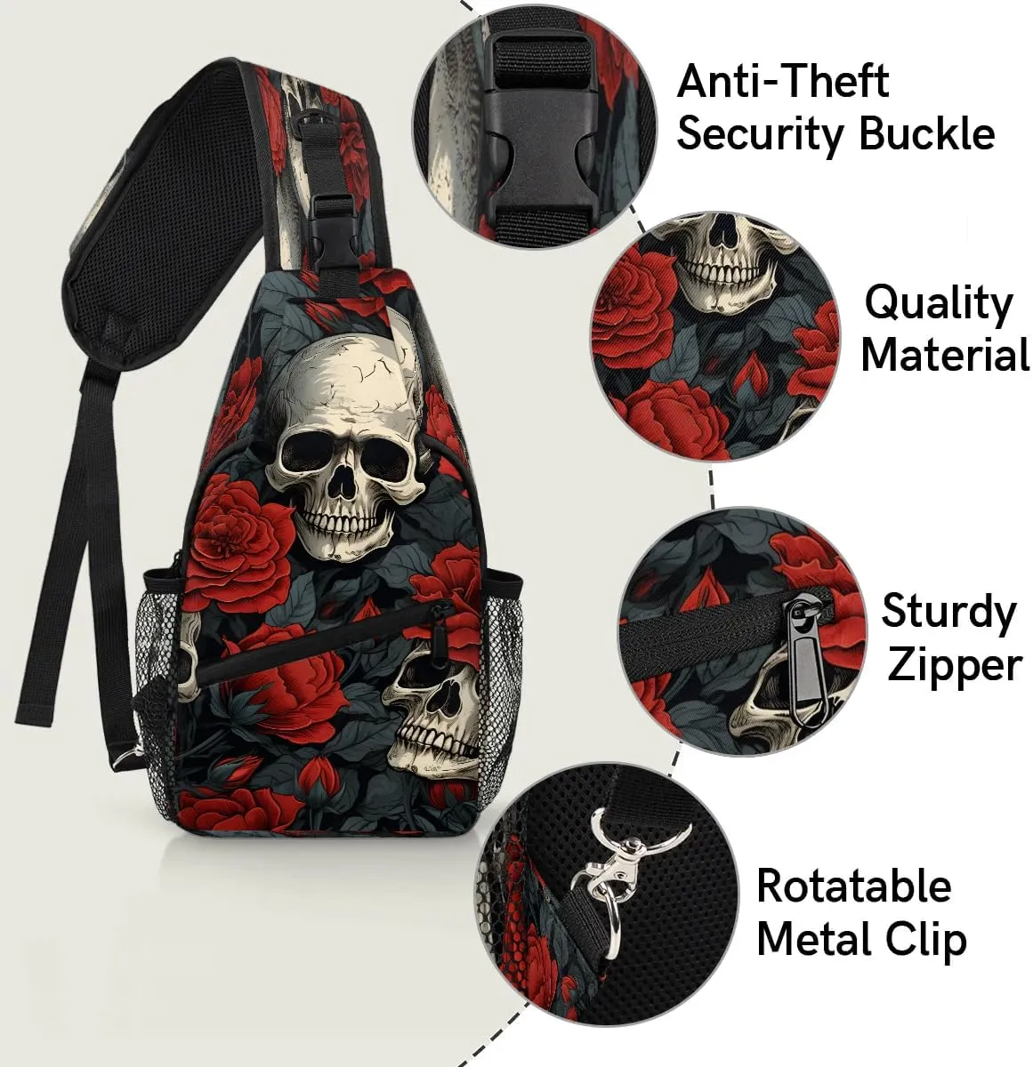 Valentine's Day Roses Skeleton Sling Backpack for Women Men Waterproof Antitheft Chest Bag Lightweight Travel Crossbody Shoulder Bag for Shopping Outdoor Leisure Sports Mountaineering Riding
