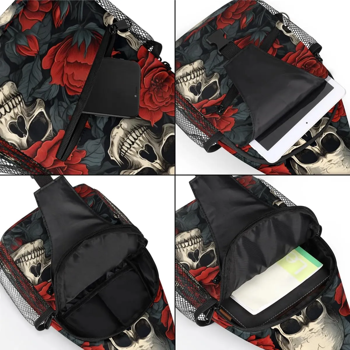 Valentine's Day Roses Skeleton Sling Backpack for Women Men Waterproof Antitheft Chest Bag Lightweight Travel Crossbody Shoulder Bag for Shopping Outdoor Leisure Sports Mountaineering Riding