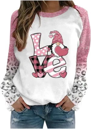 Valentine's Day Shirts for Women Long Sleeve Crewneck Heart Print Cute Tops Loose Fit Casual Tees Blouses Fashion 2024