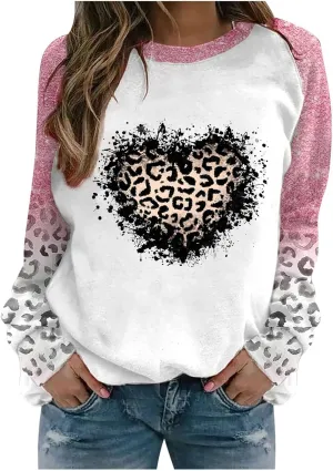 Valentine's Day Shirts for Women Long Sleeve Crewneck Heart Print Cute Tops Loose Fit Casual Tees Blouses Fashion 2024