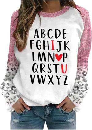 Valentine's Day Shirts for Women Long Sleeve Crewneck Heart Print Cute Tops Loose Fit Casual Tees Blouses Fashion 2024