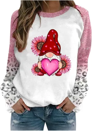Valentine's Day Shirts for Women Long Sleeve Crewneck Heart Print Cute Tops Loose Fit Casual Tees Blouses Fashion 2024