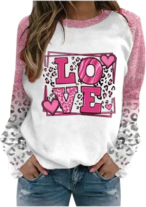 Valentine's Day Shirts for Women Long Sleeve Crewneck Heart Print Cute Tops Loose Fit Casual Tees Blouses Fashion 2024