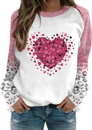 Valentine's Day Shirts for Women Long Sleeve Crewneck Heart Print Cute Tops Loose Fit Casual Tees Blouses Fashion 2024