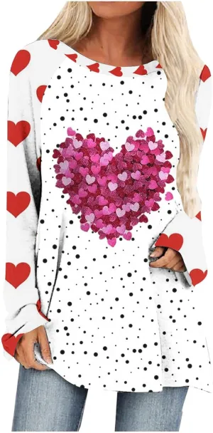Valentine's Day Shirts for Women Long Sleeve Crewneck Love Heart Print Cute Tops Pullover Baggy Casual Thin Blouses
