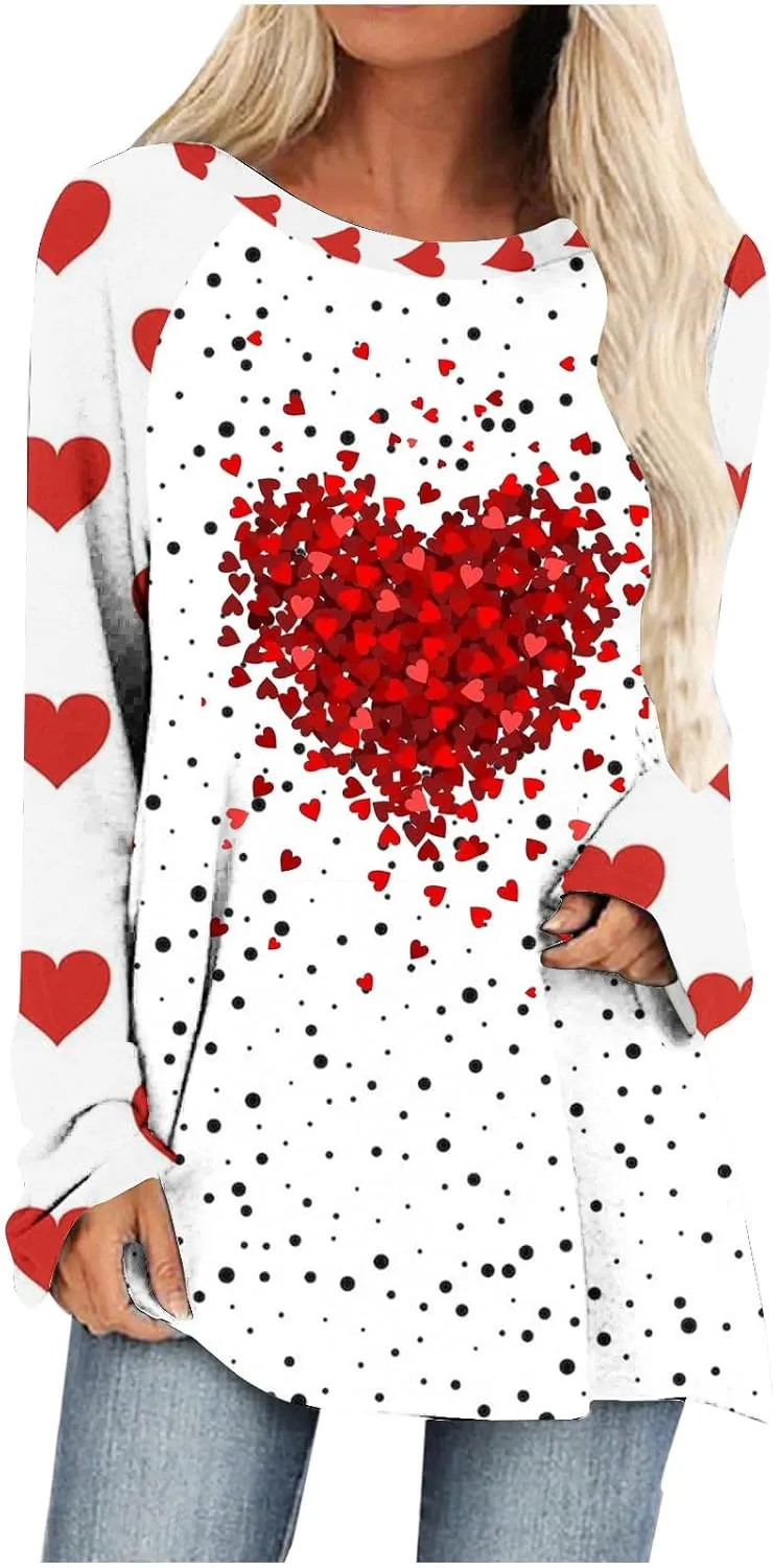 Valentine's Day Shirts for Women Long Sleeve Crewneck Love Heart Print Cute Tops Pullover Baggy Casual Thin Blouses