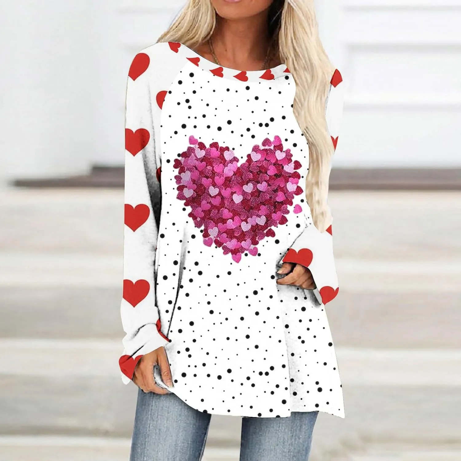 Valentine's Day Shirts for Women Long Sleeve Crewneck Love Heart Print Cute Tops Pullover Baggy Casual Thin Blouses