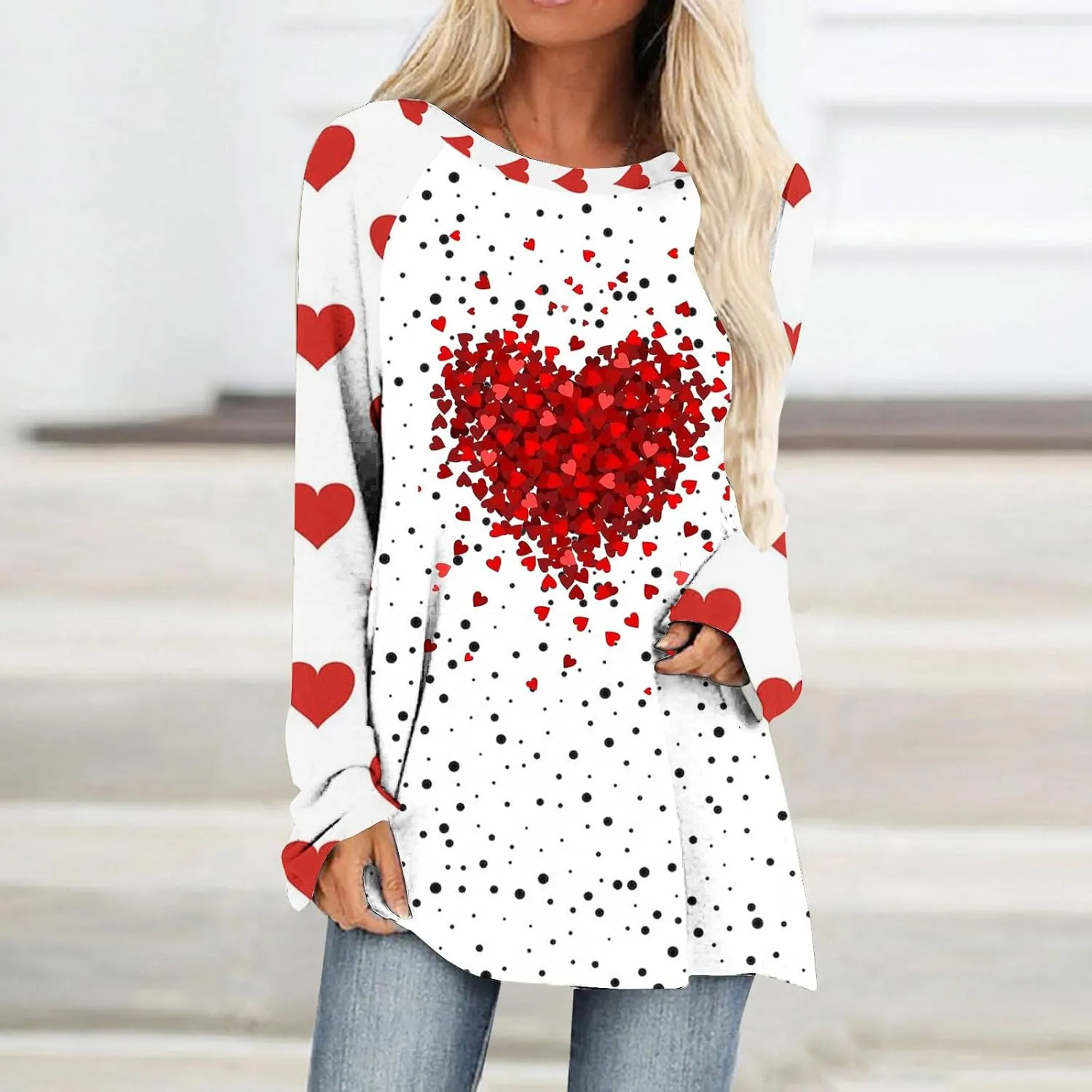 Valentine's Day Shirts for Women Long Sleeve Crewneck Love Heart Print Cute Tops Pullover Baggy Casual Thin Blouses