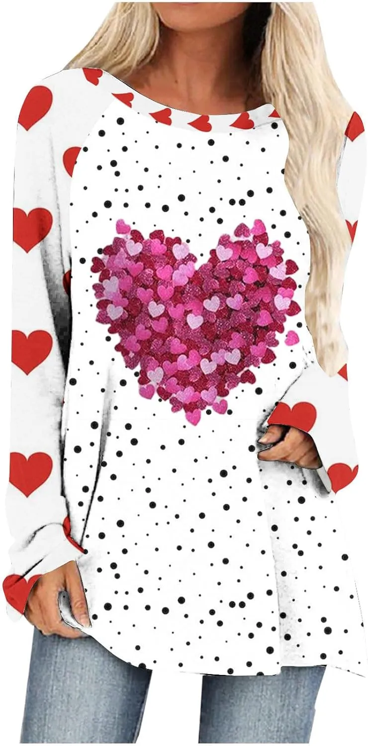 Valentine's Day Shirts for Women Long Sleeve Crewneck Love Heart Print Cute Tops Pullover Baggy Casual Thin Blouses