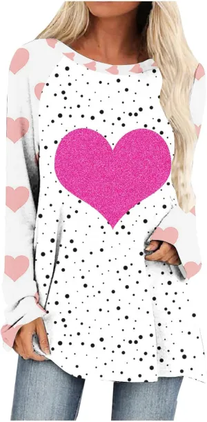 Valentine's Day Shirts for Women Long Sleeve Crewneck Love Heart Print Cute Tops Pullover Baggy Casual Thin Blouses
