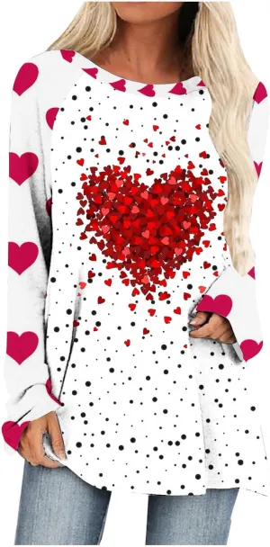 Valentine's Day Shirts for Women Long Sleeve Crewneck Love Heart Print Cute Tops Pullover Baggy Casual Thin Blouses