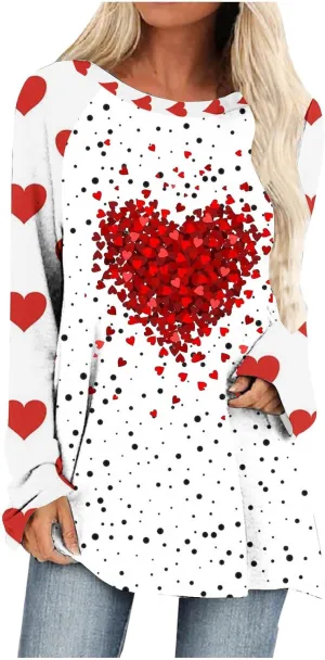 Valentine's Day Shirts for Women Long Sleeve Crewneck Love Heart Print Cute Tops Pullover Baggy Casual Thin Blouses
