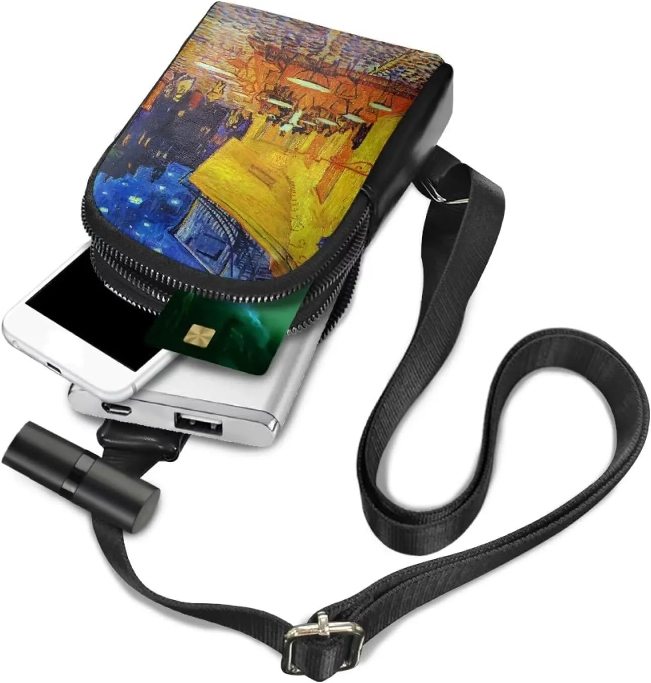 Van Gogh Art Sling Bag Crossbody Bag for Women, Post-Impressionist Art PU Leather Hands-Free Wallets Waist Pack Phone Bag for Travelling, Cafe Terrace at Night